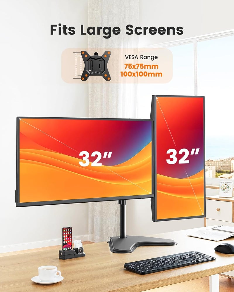 ErGear Freestanding Dual Monitor Stand for 2 Screens up to 32 inch, Heavy Duty Monitor Mount Holds Max 17.6 lbs per Arm, Height Adjustable Gaming Monitor Stand for Desk, VESA 75x75/ 100x100mm, Black - Image 3